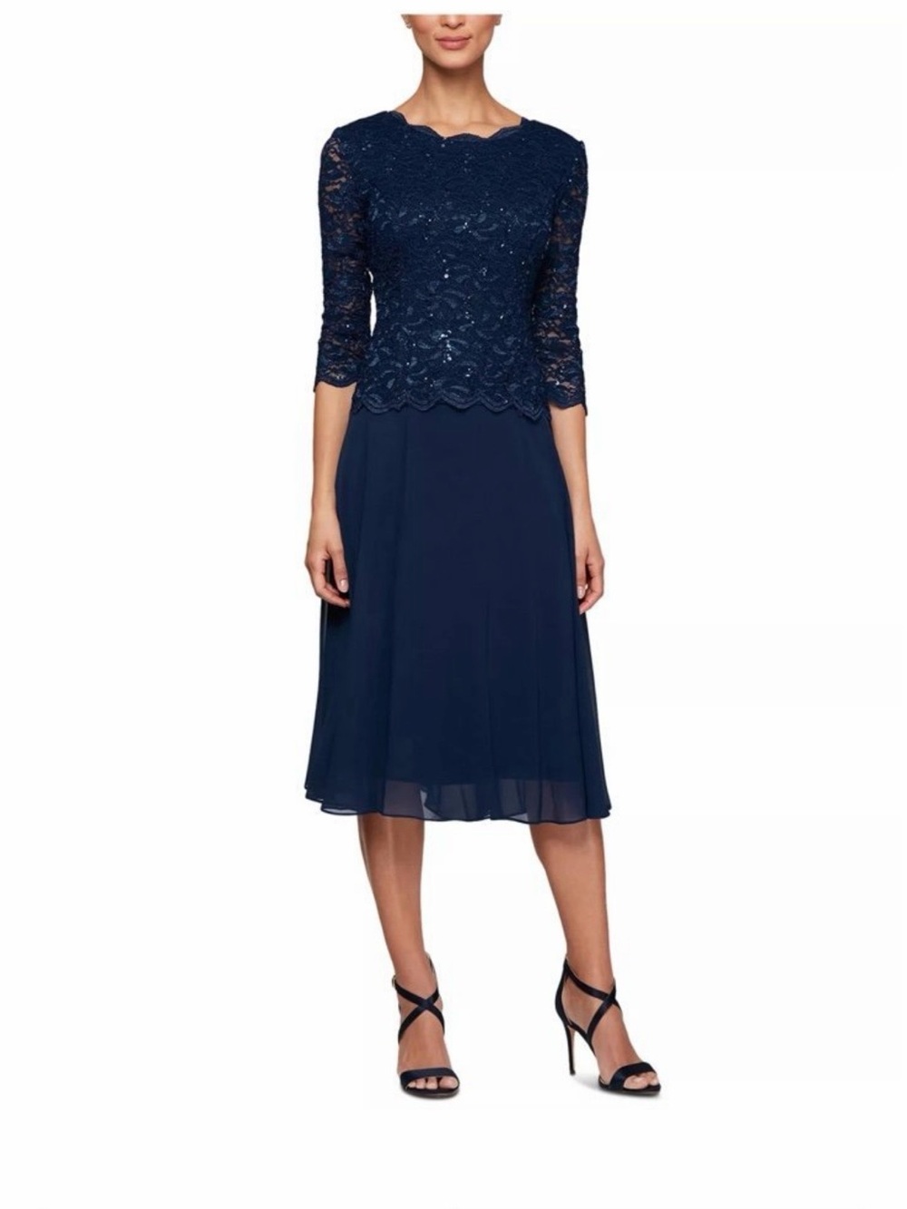 Macy's Navy Lace Midi Dress with Scalloped Bodice Brand New.